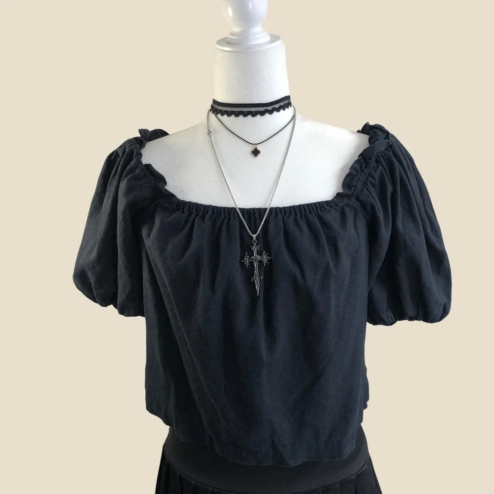Abercrombie & Fitch Black Linen Blend Off Shoulder Milkmaid Crop Top Womens S